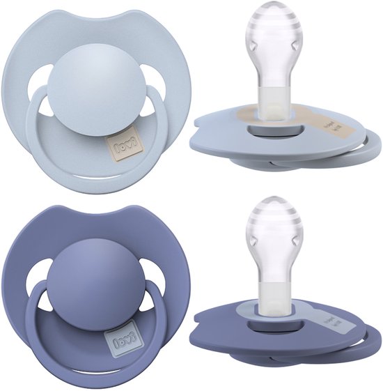 Twee Difrax Prime dynamische fopspenen, één lichtblauw en één navy, met orthodontische speen.
