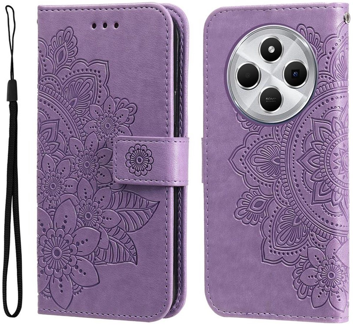 Mobigear Telefoonhoesje geschikt voor Xiaomi Redmi 14C Hoesje | Mobigear Flowers Bookcase Portemonnee | Pasjeshouder voor 3 Pasjes | Telefoonhoesje voor Pinpas / OV Kaart / Rijbewijs - Paars