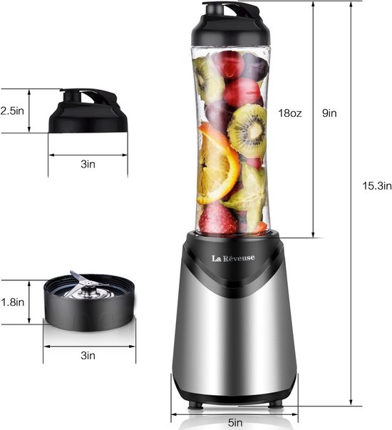 Persoonlijke Blender - Smoothie Maker - Gezonde Drankjes Maken - Inclusief 2 Reisbekers - 550 ml - Zilver — afbeelding 4