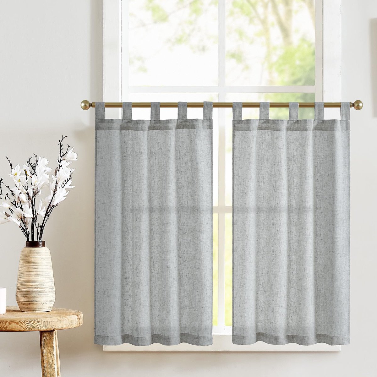 Unyqoos Elegante Linnenlook Vitrage Gordijnset voor Keuken en Woonkamer, Semi-Transparant, Set van 2, Grijs