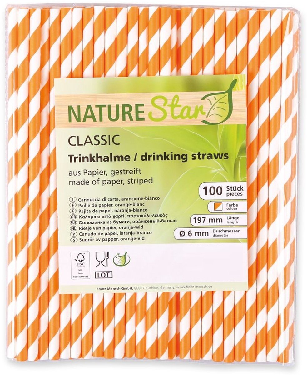 Nature Star - Papieren rietjes 100% biologisch afbreekbaar wegwerp oranje/wit gestreept 100 stuks - plastic vrij!