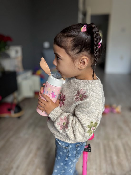 Pure Luv RVS Drinkfles met rietje - Magicsip - Drinkbeker - Roze - 500ml - Roestvrijstaal - RVS drinkfles Voor Kinderen - Inclusief Schoonmaakborstel - Kind- Peuter - BPA vrij - Unicorn - Schoolfles - Schoolreisje - Vakantiefles