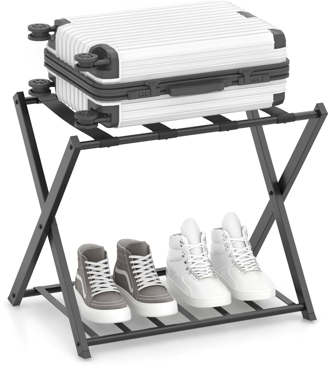 COSTWAY Kofferstandaard, inklapbaar, bagagerek met 2 verdiepingen design, kofferbok, metalen kofferstandaard voor slaapkamer, logeerkamer, hotel, zwart (1 kofferstandaard)