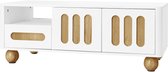 Table basse Gotagee 105x50x40 cm - aspect blanc et bois avec 4 portes, 2 tiroirs et compartiment ouvert, éclairage LED- coins arrondis, pieds de table sphériques, espace de rangement polyvalent
