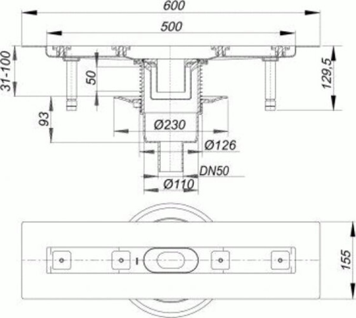 DALLMER douchegoot CeraLine verticaal F, 500mm, DN 50 Totale hoogte 110mm, 521606