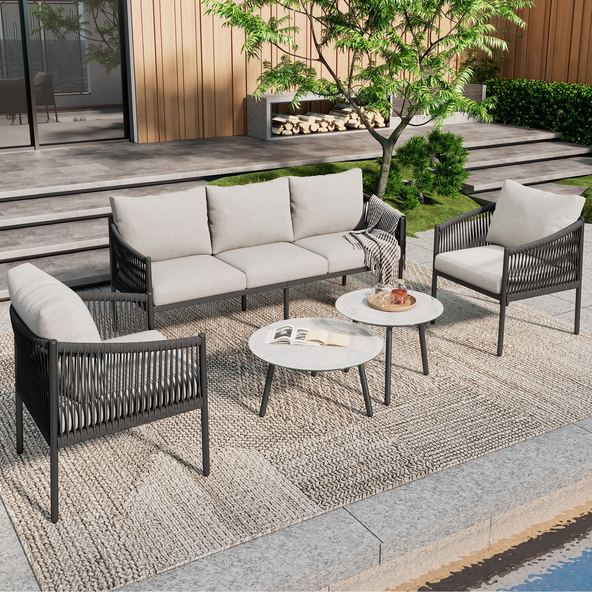Sweiko Tuin loungeset - 3 zits Bank + 2 Fauteuils + 2 Salontafels - Marmerlook glazen tafelblad - Handgeweven touw + gegalvaniseerd staal - Grijs