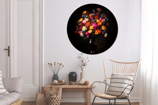 WallCircle - Wandcirkel - Muurcirkel - Kleurrijk - Boeket - Vaas - Donkerbruin - Aluminium - Dibond - 140x140 cm - Binnen en Buiten