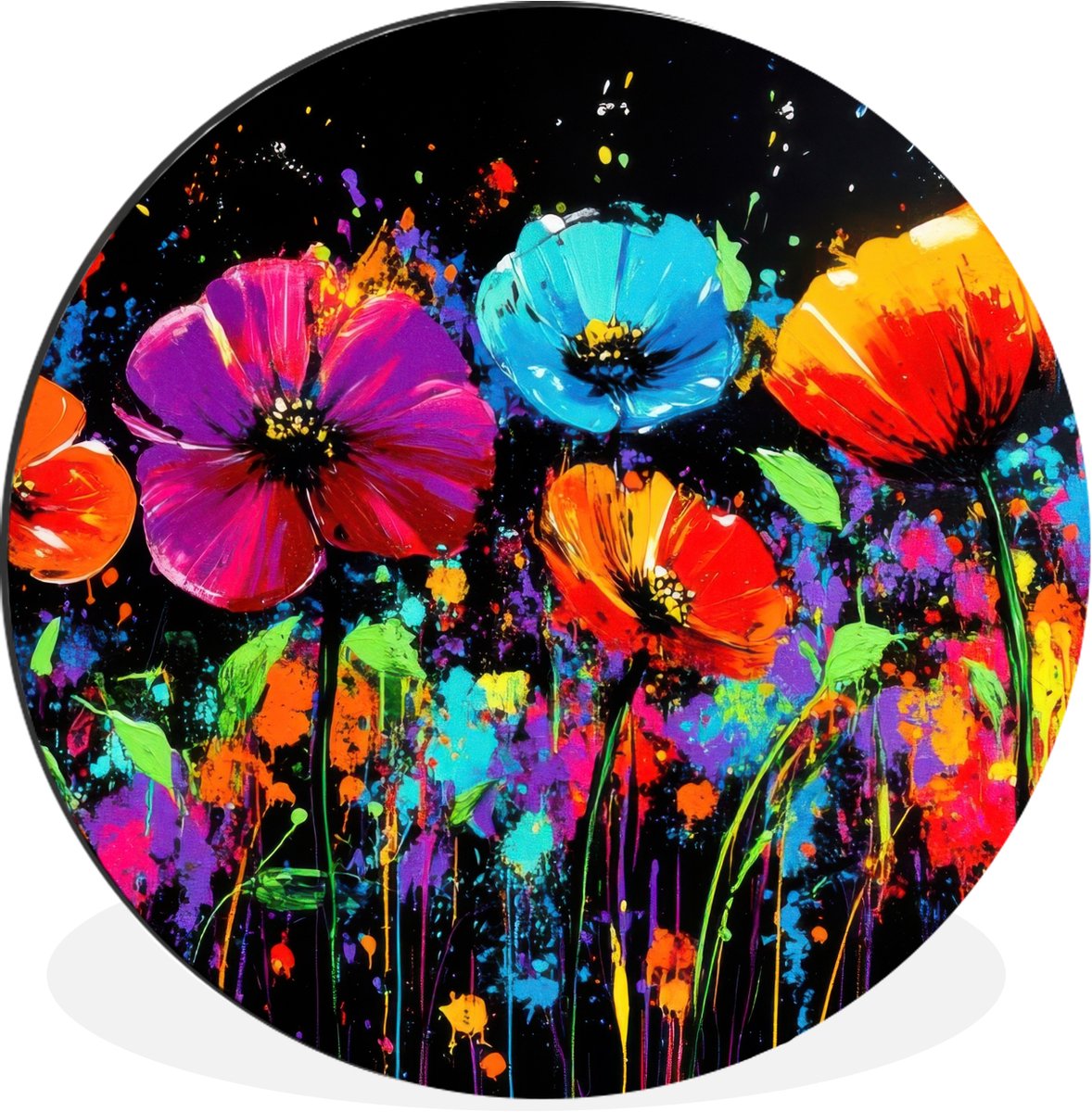 WallCircle Wandcirkel - Muurcirkel - Bloemen - Kleurrijk - Spetters - Aluminium - Dibond - 90x90 cm - Binnen en Buiten