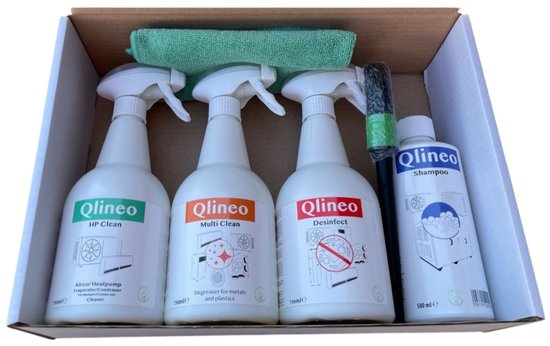 Foto: Airco warmtepomp en wtw unit onderhoudsset schoonmaakpakket met 750 ml flessen een microvezeldoek en reinigingsborstel voor het reinigen van airconditioners warmtepompen en ventilatiesystemen