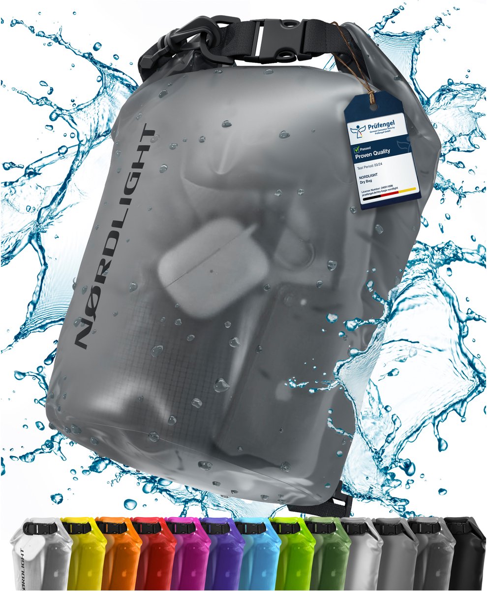NORDLIGHT Dry Bag en Waterdichte Tas - (10L, Antraciet Mat) Waterdichte pakzak met rolsluiting en schouderband | Zwemmen, strand, kanoën, staand peddelen, duiken