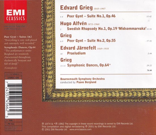 Achterkant CD-hoes met tracklist, credits en EMI Classics logo.
