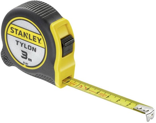Stanley Tylon rolbandmaat 3m met uitgetrokken geel meetlint.