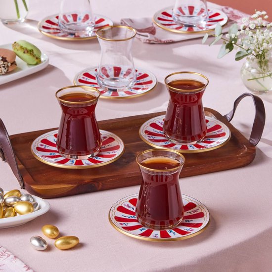 Karaca Bursa - Verres à thé avec Sous-verres - 12 pièces - Rouge/ Wit