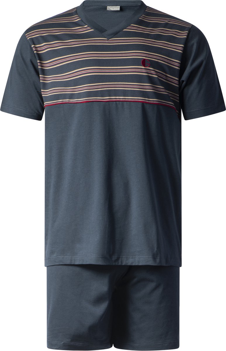 Gentlemen - heren shortama 114285 - heren pyjama kort - 100% katoen - V-hals - donkerblauw met rood - maat L