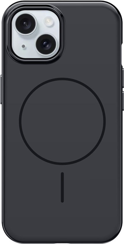 Zwarte telefoonhoes met dubbele camera en magnetische ring.