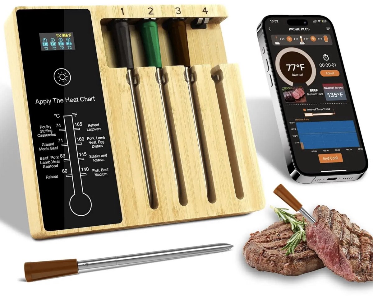 Vleesthermometer - BBQ en Keukenthermometer met 4 Sondes - Meater Bluetooth + Display Functies - Barbecuethermometer met App