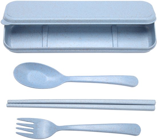 Foto: Reisbestekset met opbergcase tarwesteel bestek set blauw inclusief lepel vork eetstokjes draagbaar voor thuis kantoor en reizen