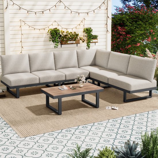 Sweiko Tuin loungeset - Hoekbank + Salontafel - Om te bouwen tot chaise longue - Staal gegalvaniseerd - Grijs