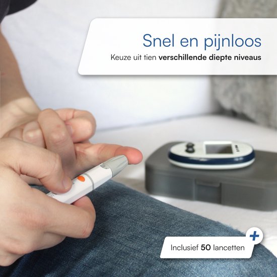Blauwe en witte prikker, glucosemeter met blauwe rand, grijze houder. Inclusief 50 lancetten.