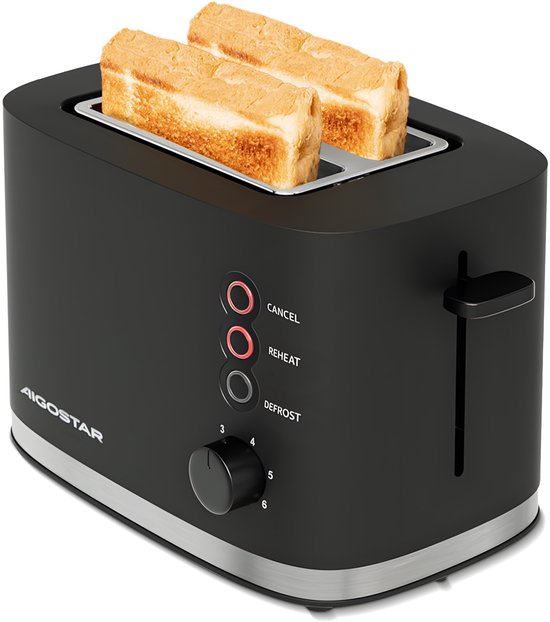 Aigostar 30J4R - Broodrooster Zwart - Toaster - 6 Warmteniveaus - 2 Extra Brede Sleuven - Reheat en Ontdooi-functie - 800W