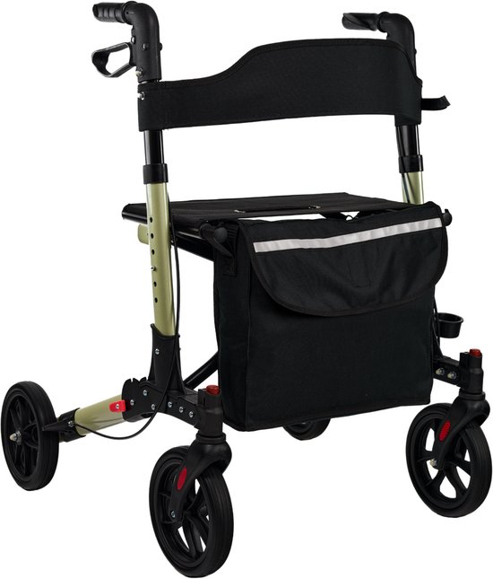 Beige rollator met zitting, rugband, boodschappentas, stokhouder en drie zwarte wielen.