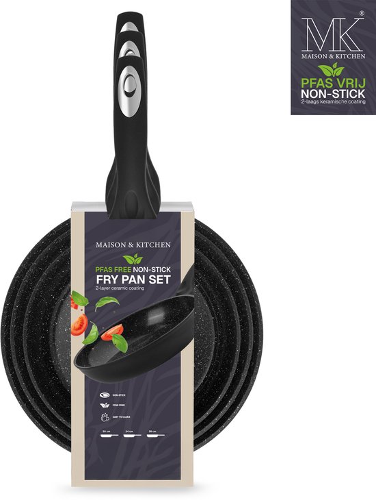 MK Maison & Kitchen PFAS VRIJ NON-STICK koekenpan met zwarte marmeren coating en tomaten.