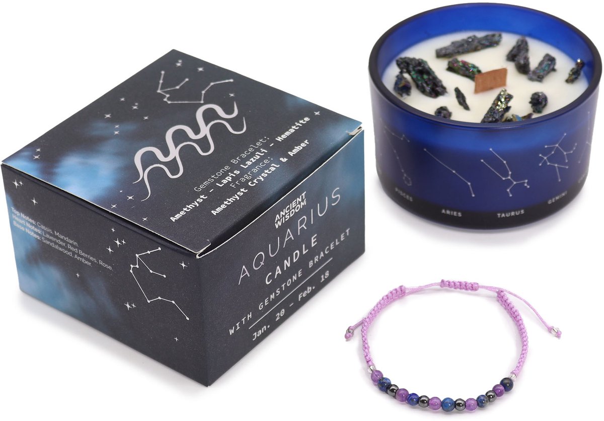 Ancient Wisdom Zodiac kristallen kaars met edelsteen armband - waterman - sterrenbeeld kaars - aquarius