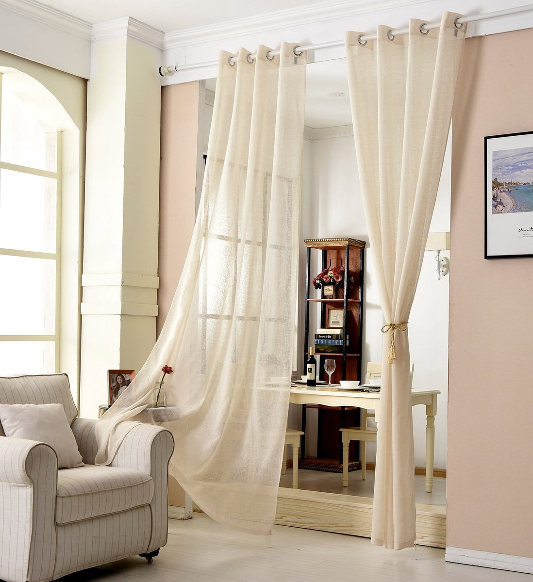 Unyqoos ® Gordijnen met Linnenlook en Ingestanste Ringen voor Diverse Ruimtes - 140 x 225 cm, Zandkleur Beige