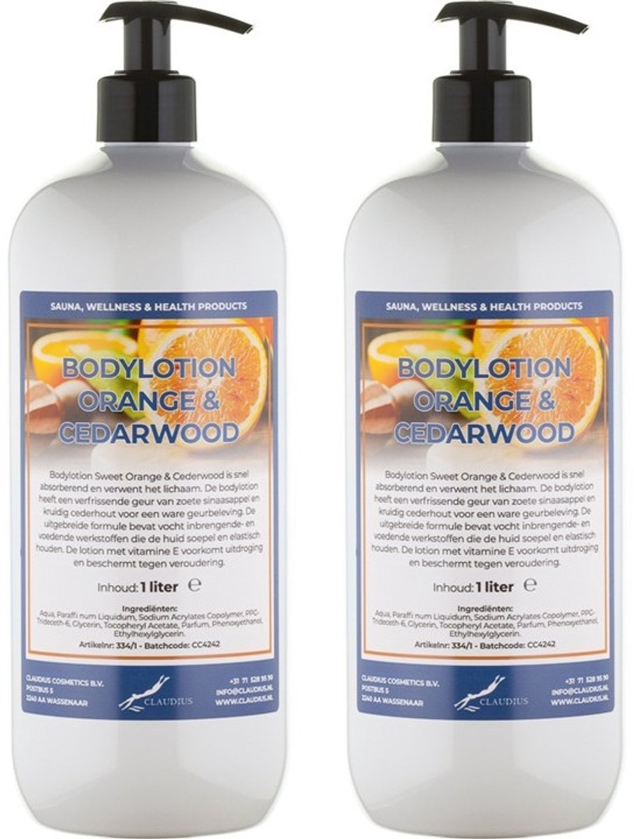 Bodylotion Sweet Orange & Cedarwood 1 Liter - met gratis pomp - set van 2 stuks