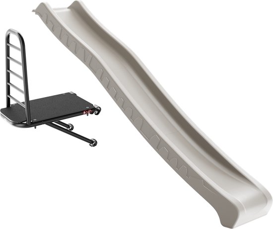 Grijze glijbaan met zwart platform en ladder, geïsoleerd op witte achtergrond