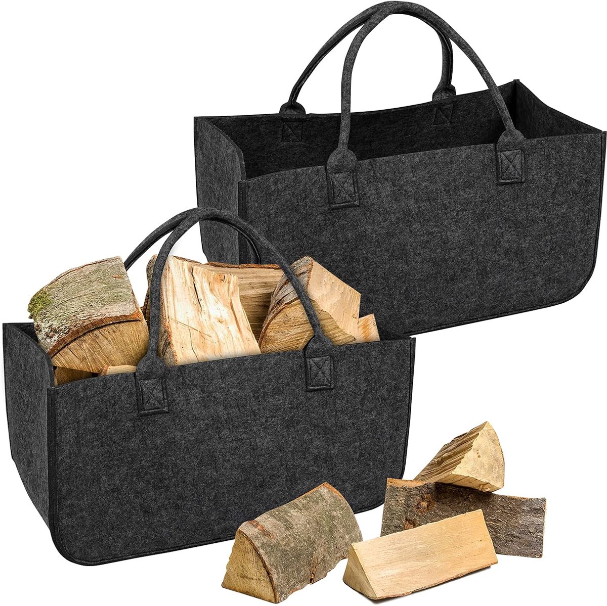 NAIZY Haardhoutmand Vilthouten mand voor haardhout met handvatten Opvouwbare vilten tassen Shopper Haardhoutzak voor hout en kranten, boodschappentas 50 x 25 x 25 cm - 2 stuks Antraciet