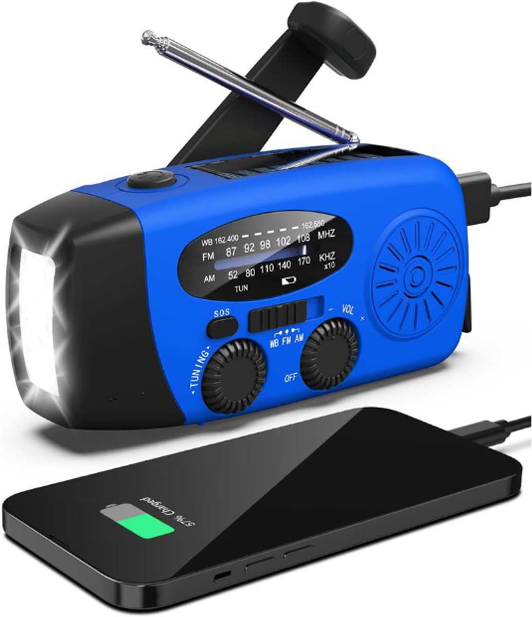 Noodradio - Noodradio Opwindbaar - 2000 mAh - Noodpakket - Opwindbaar - Solar - radio met zaklamp Zaklamp - Powerbank Noodradio - Noodradio Op Batterijen - blauw - Voor Noodsituaties/Rampen/Camping - Draagbare