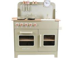 Bandits & Angels Houten Kinderkeuken Chef Deluxe XL Green vanaf 3 jaar voor Jongens en Meisjes - Aanrechthoogte 59 cm - incl. 9 Accessoires - Kinder Keuken Groen - Keukentje Hout