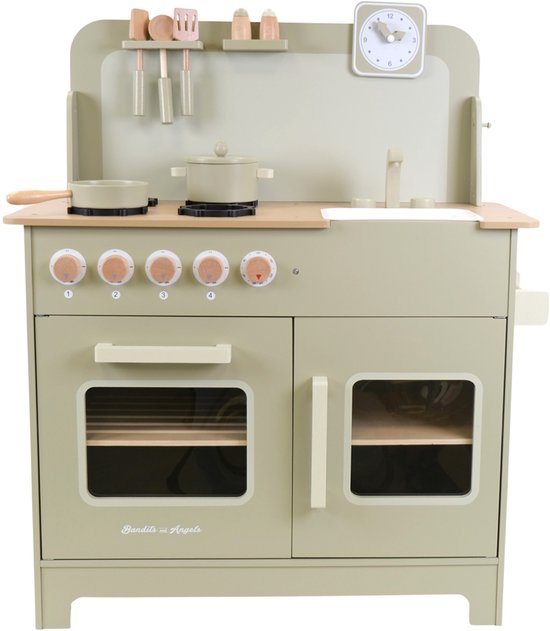 Bandits & Angels Houten Kinderkeuken Chef Deluxe XL Green vanaf 3 jaar voor Jongens en Meisjes - Aanrechthoogte 59 cm - incl. 9 Accessoires - Kinder Keuken Groen - Keukentje Hout
