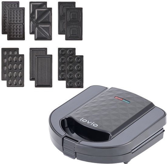 LOVIO 6-in-1 Multifunctionele Toaster Grill – Tosti ijzer - Tosti apparaat - Broodrooster, Grill, Wafelijzer, Tosti-IJzer, Mini Donutmaker & Pindakoekjesmaker – Verwisselbare Platen – 750W Compact Keukenapparaat