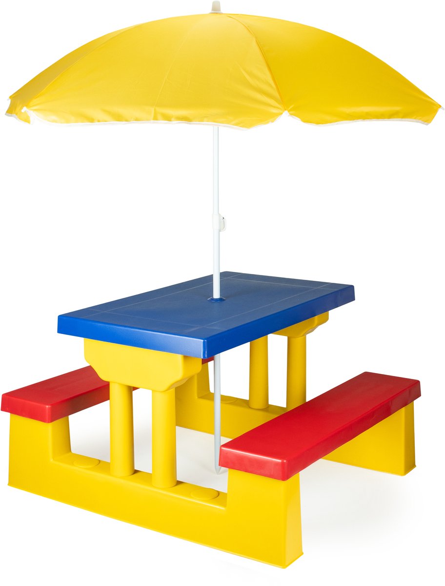 COIL Kinderpicknicktafel en Banken met Parasol, Geel, UV-bescherming.