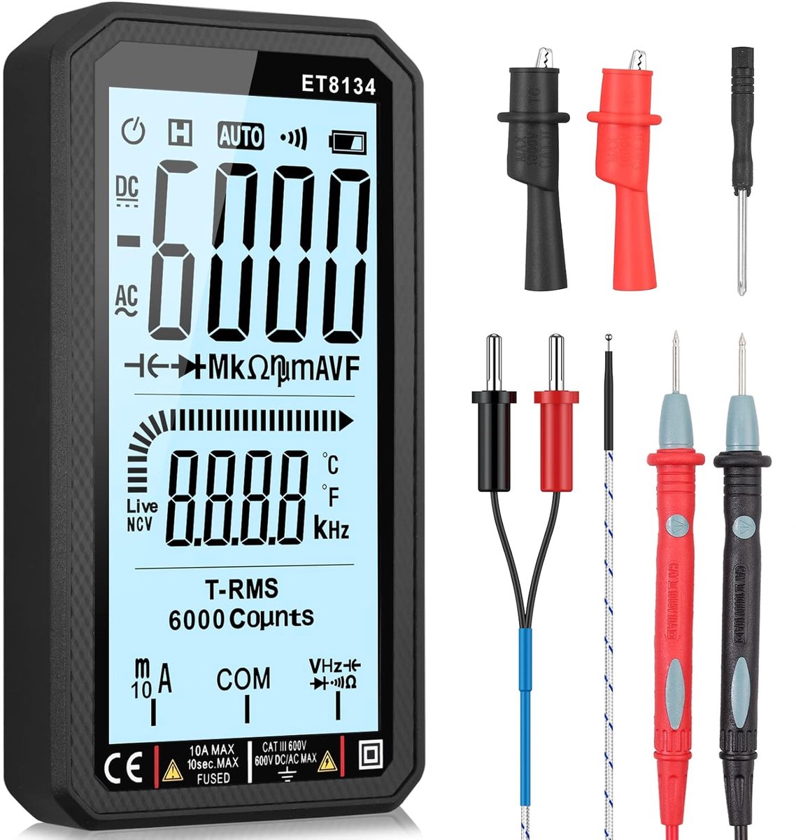 Digitale Multimeter 6000 Counts True RMS - LCD Scherm, Spannings- en Weerstandsmeting, Temperatuur en Capaciteit Tester