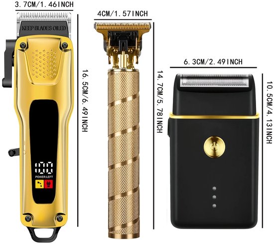 Professionele Gouden Trimmer & Haar Knipper Set voor Mannen – USB Oplaadbaar – Met LCD Display, T-Vorm Mes, Scheerapparaat & Haardroger – Luxe Grooming Kit