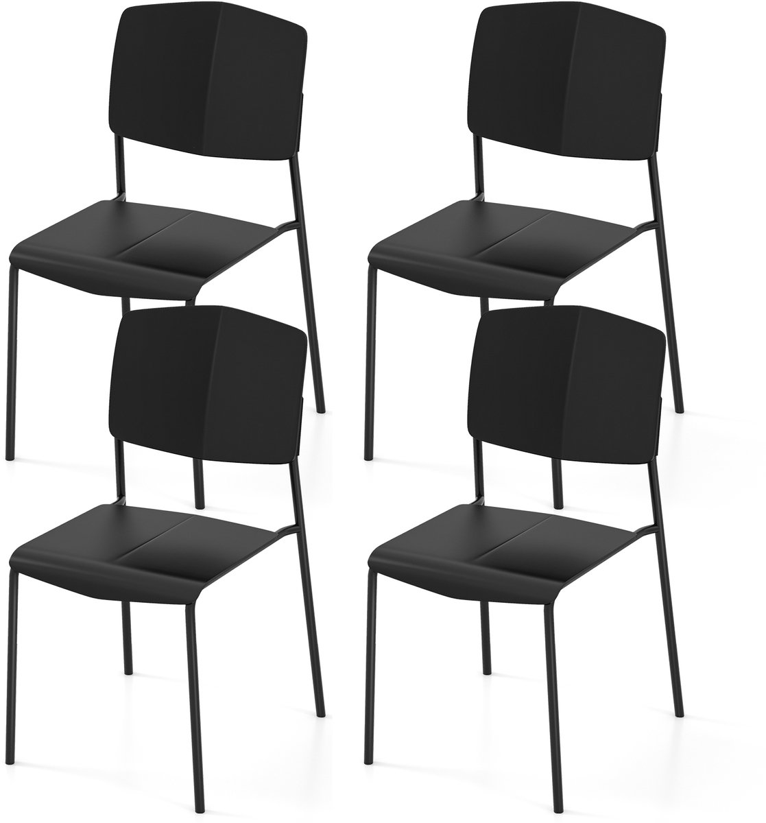 COSTWAY Eetkamerstoelset van 4 stoelen, keukenstoelen met rugleuning, brede PP-zitting en metalen poten, stapelbare keukenstoel voor eetkamer, woonkamer, kantoor (zwart)