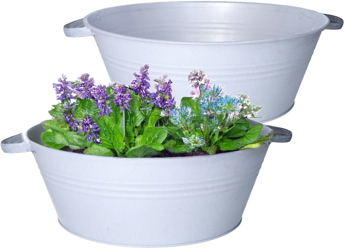 Goedkoopste Mega Collections Teil/plantenpot/bloempot Farmer - 2x - zink - lichtgrijs - D40 X H14 cm