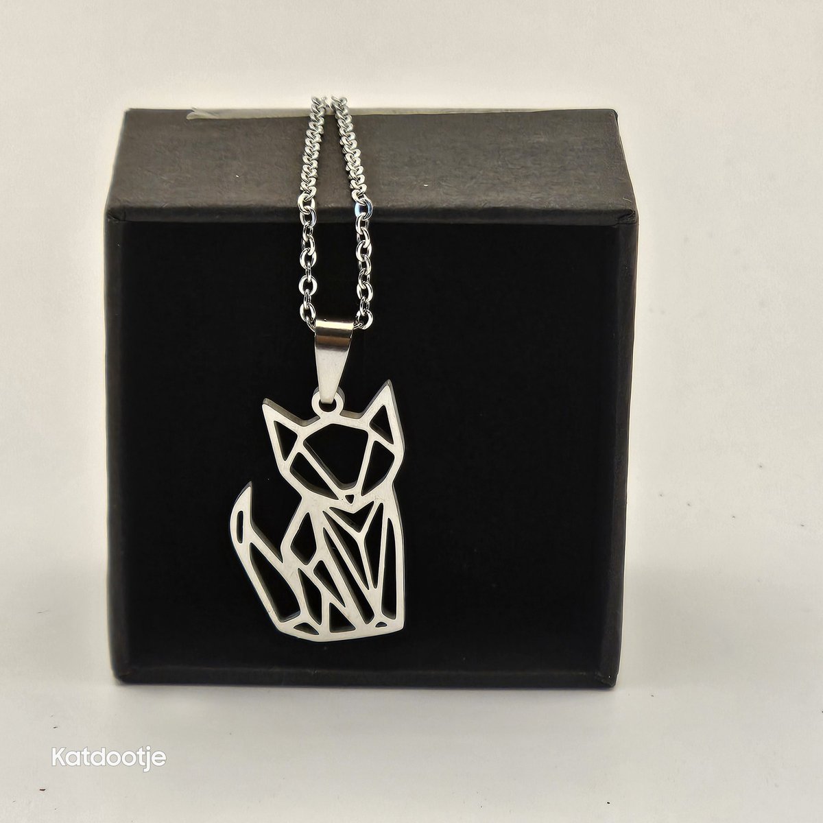 Katdootje - Ketting - Origamikat zilverkleurig