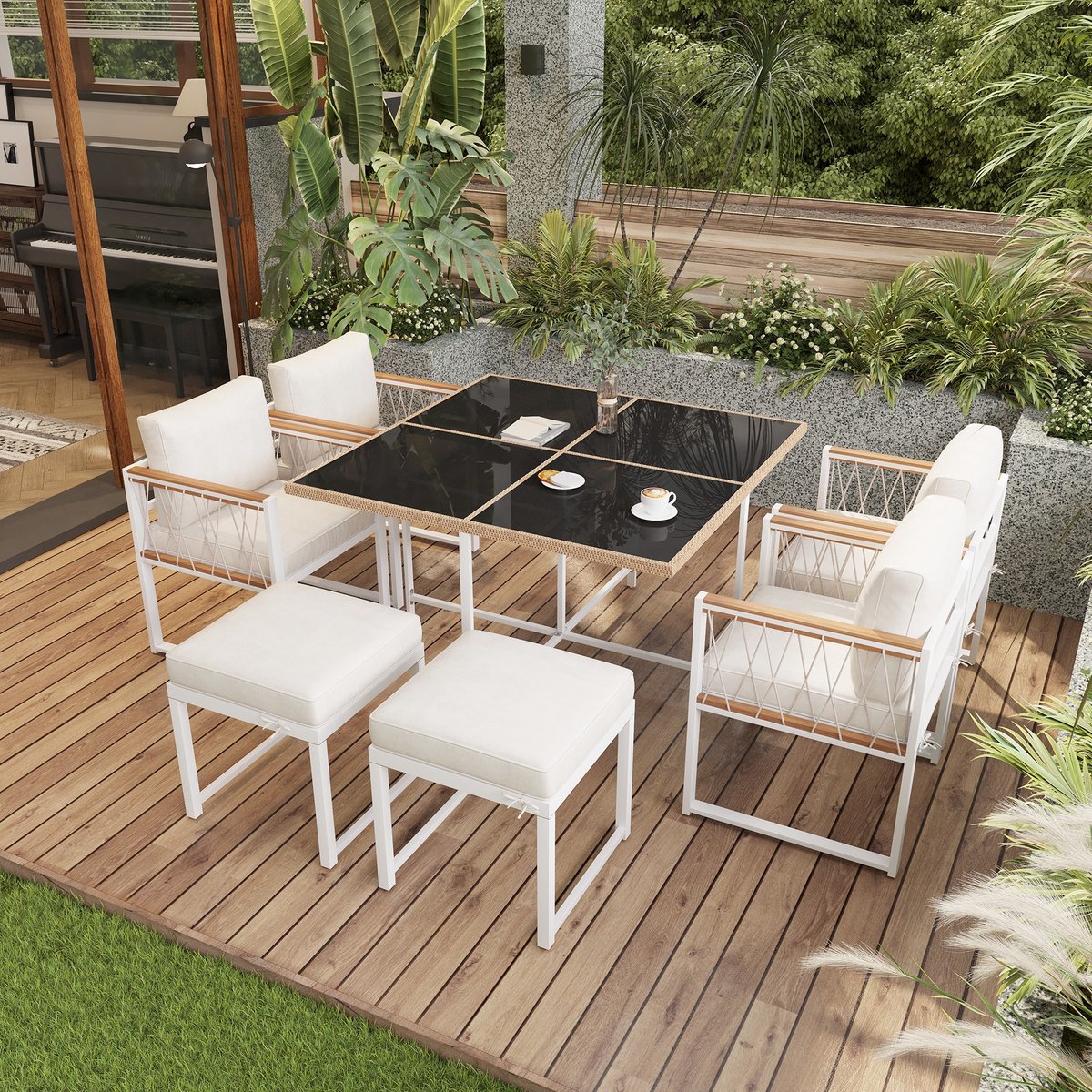 Sweiko Tuin Dining loungeset - 6 zitplaatsen - 7-delige Eetset - Eettafel van gehard glas - PE rotan - Acaciahouten armstoelen - Beige + Zwart