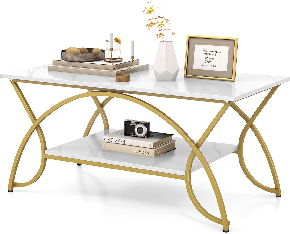 Costway Salontafel met 2 niveaus met marmerlook, bijzettafel met marmeren plank, metalen poten, moderne salontafel, voor woonkamer en slaapkamer, 100 x 50 x 45 cm Wit