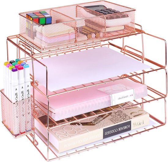 ZNMYDMT 4 Tier Bureau Organizers en Accessoires, Papier Brief Tray Organizer, Vintage Houten Bureau File Organizer met Briefpapier Tray en Pen Houders voor School Thuis Kantoorbenodigdheden