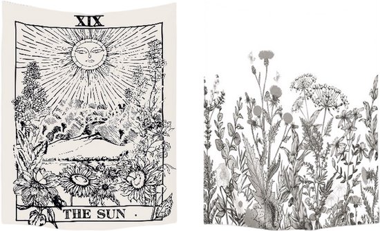 Ulticool - Tapisserie - Soleil Nature Fleurs Tarot Horoscope Vintage Retro - Set de 2 motifs - 73 cm x 95 cm - Peinture Tissu Tapisserie - Poster Art - Zwart Wit