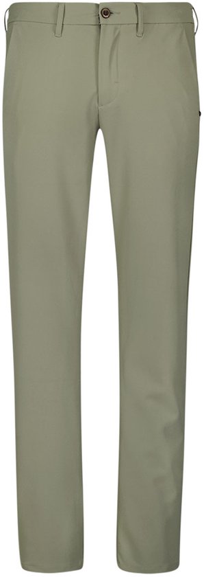 Effene groene broek met knoop- en ritssluiting, rechte pijpen.