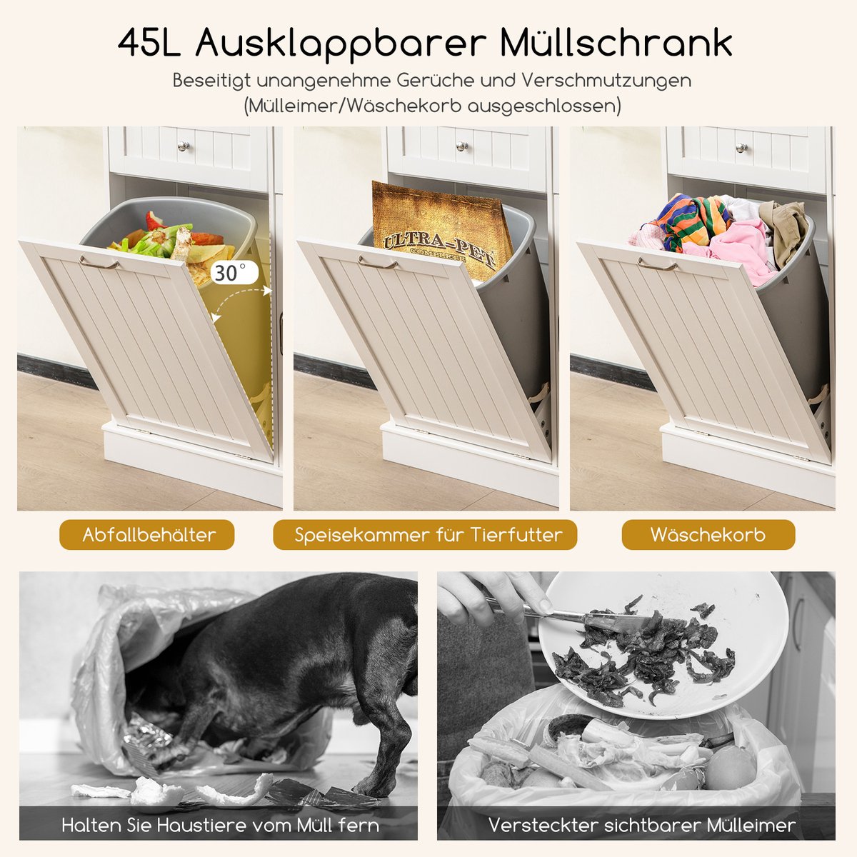 COSTWAY Keukenkast, voor 38 liter vuilnisemmer (niet inbegrepen), buffetkast met werkblad, lade en verstelbare planken, hoge kast keuken, hout voor magnetron, 100 x 34 x 172 cm, wit – foto 4