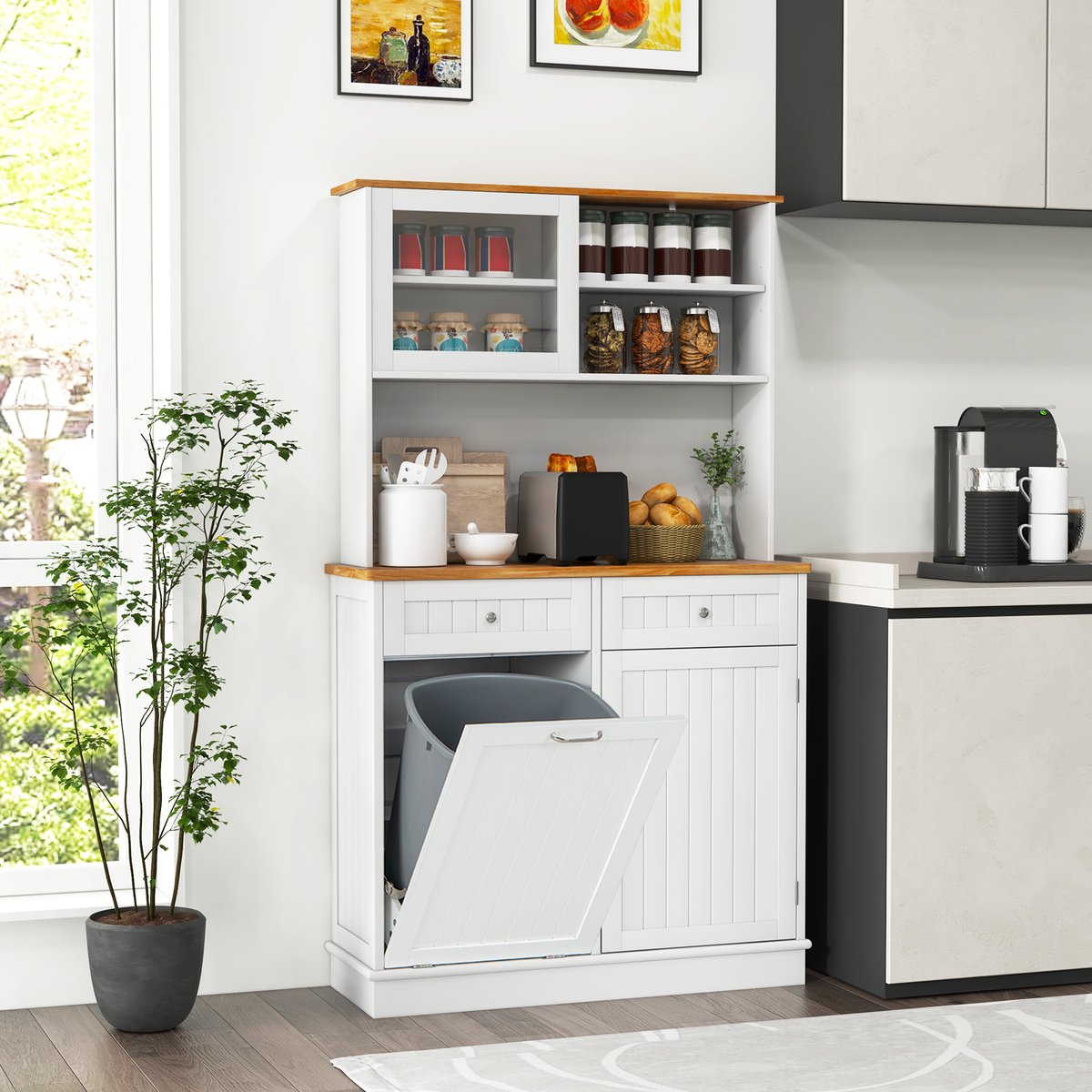 COSTWAY Keukenkast, voor 38 liter vuilnisemmer (niet inbegrepen), buffetkast met werkblad, lade en verstelbare planken, hoge kast keuken, hout voor magnetron, 100 x 34 x 172 cm, wit – foto 5