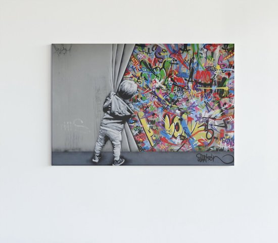 Canvas Schilderij - Graffiti Art - Banksy - 120x80x2 cm