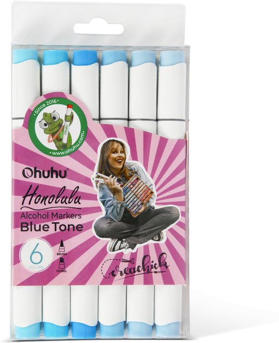 Creachick X Ohuhu Alcohol markers Brush & chisel set van 6 – Blue Tone